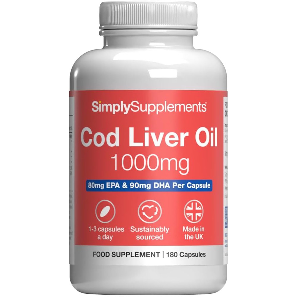 Cod Liver Oil 1000mg Omega-3, EPA, DHA, Vitamins A & D 180 Capsules 1