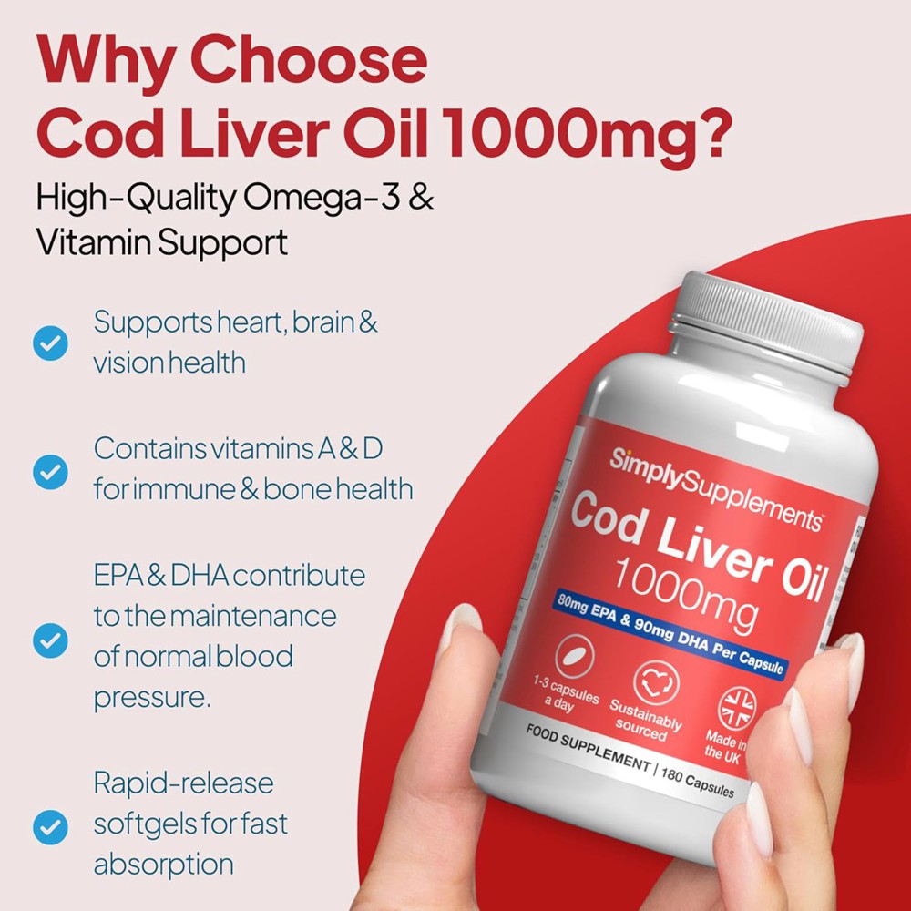 Cod Liver Oil 1000mg Omega-3, EPA, DHA, Vitamins A & D 180 Capsules 2